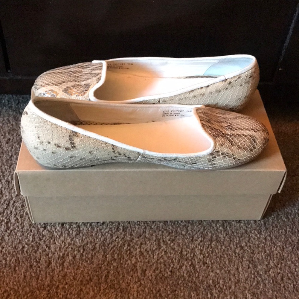 Snake print flats, gently worn.